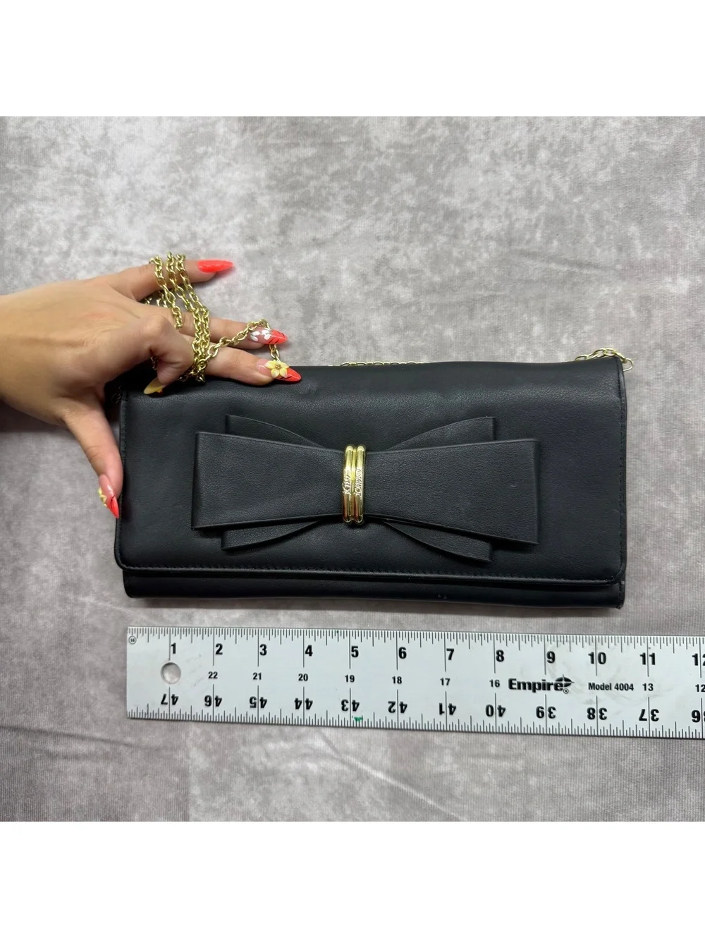 Betsey Johnson Black Faux Leather Front Bow Clutch Gold Chain Crossbody Bag